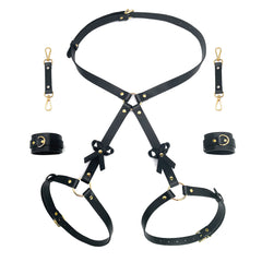 KKCAT PU Leather Bondage Set – Bowknot Harness & Handcuffs Kit for Couples