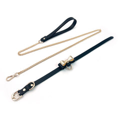 KKCAT Metal Bowknot Collar with Leash – PU Leather BDSM Choker for Adults