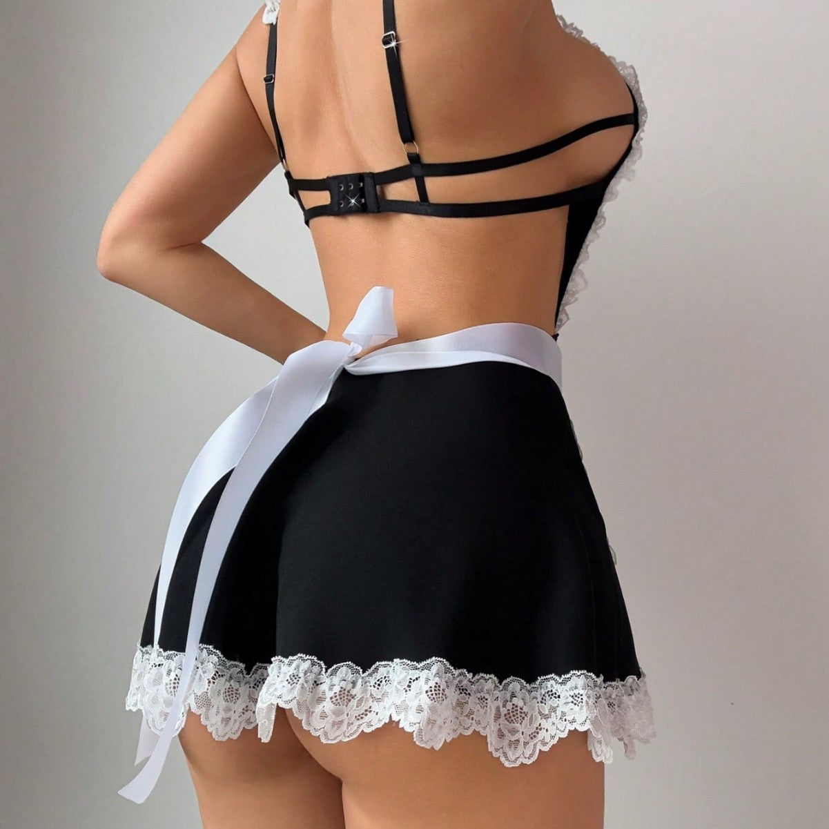 KKCAT Sexy Lace Maid Costume – Halter Cut-Out Tie-Back Lingerie Dress with Open Slit DZ179