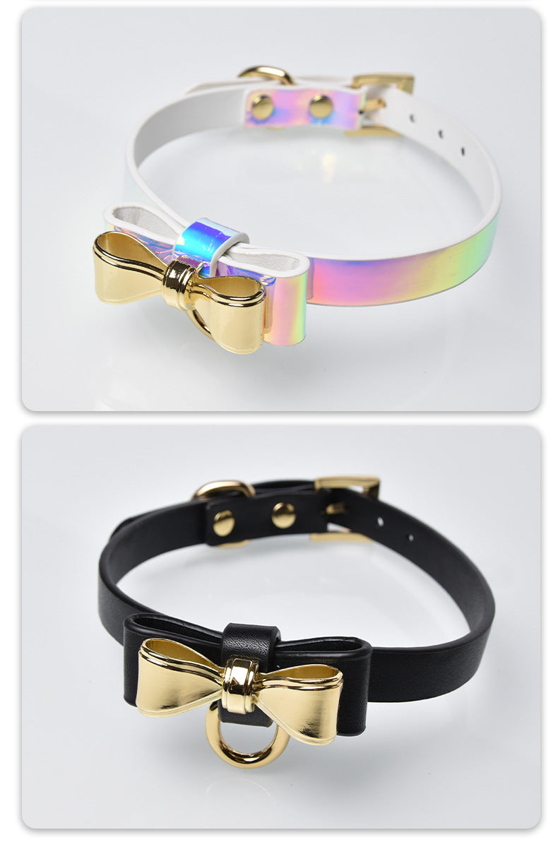 KKCAT Metal Bowknot Collar with Leash – PU Leather BDSM Choker for Adults