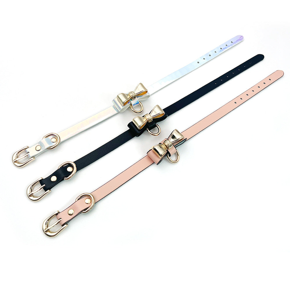 KKCAT Metal Bowknot Collar with Leash – PU Leather BDSM Choker for Adults