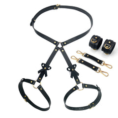KKCAT PU Leather Bondage Set – Bowknot Harness & Handcuffs Kit for Couples