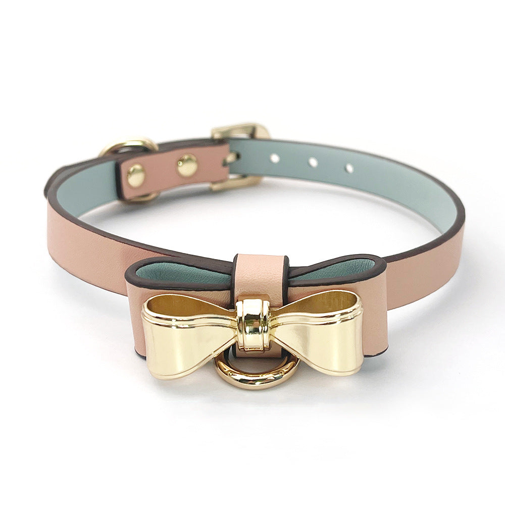 KKCAT Metal Bowknot Collar with Leash – PU Leather BDSM Choker for Adults