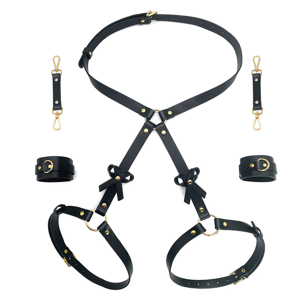 KKCAT PU Leather Bondage Set – Bowknot Harness & Handcuffs Kit for Couples