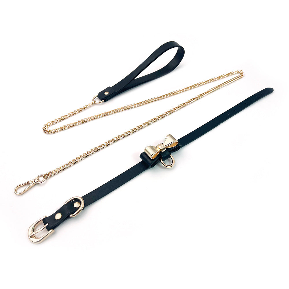 KKCAT Metal Bowknot Collar with Leash – PU Leather BDSM Choker for Adults