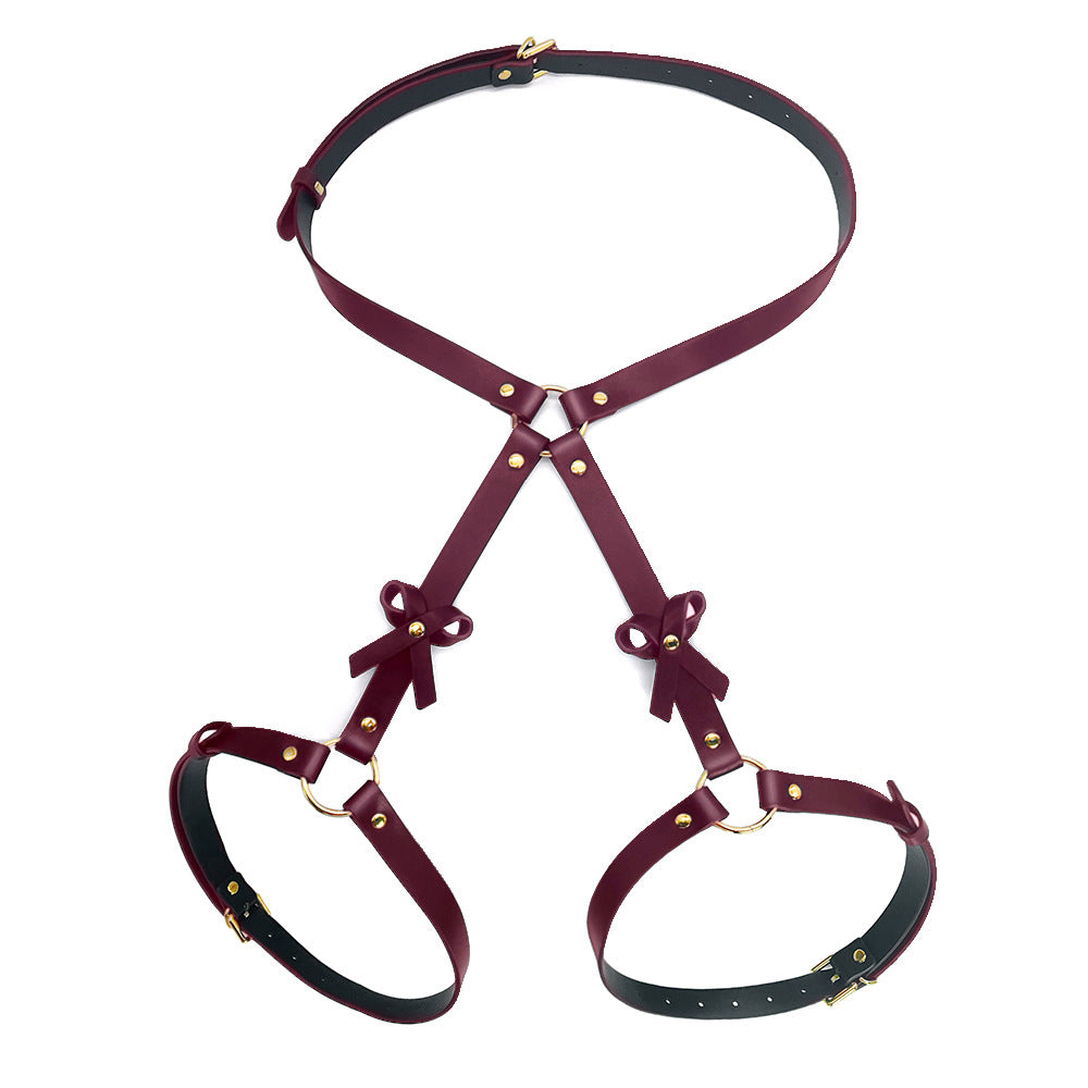 KKCAT PU Leather Bondage Set – Bowknot Harness & Handcuffs Kit for Couples