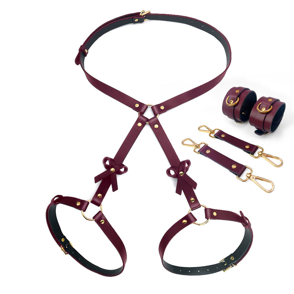 KKCAT PU Leather Bondage Set – Bowknot Harness & Handcuffs Kit for Couples