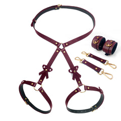 KKCAT PU Leather Bondage Set – Bowknot Harness & Handcuffs Kit for Couples
