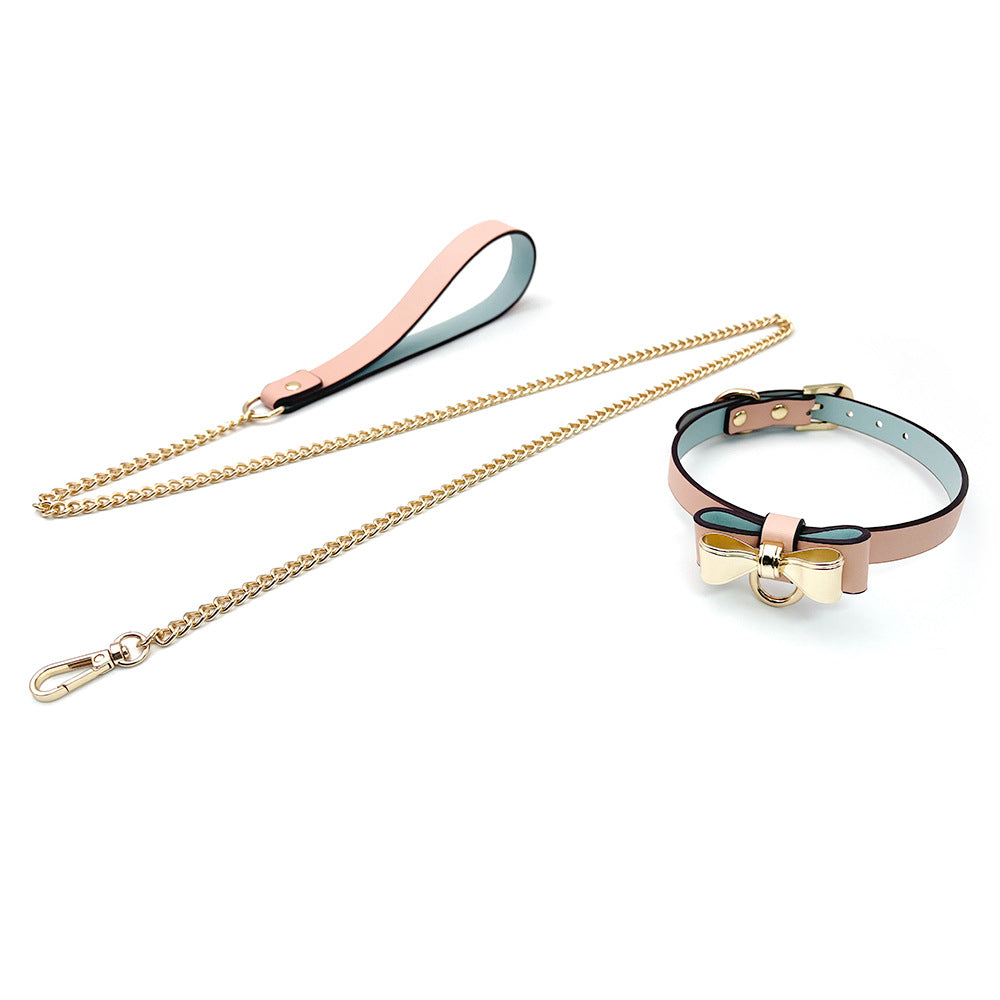 KKCAT Metal Bowknot Collar with Leash – PU Leather BDSM Choker for Adults