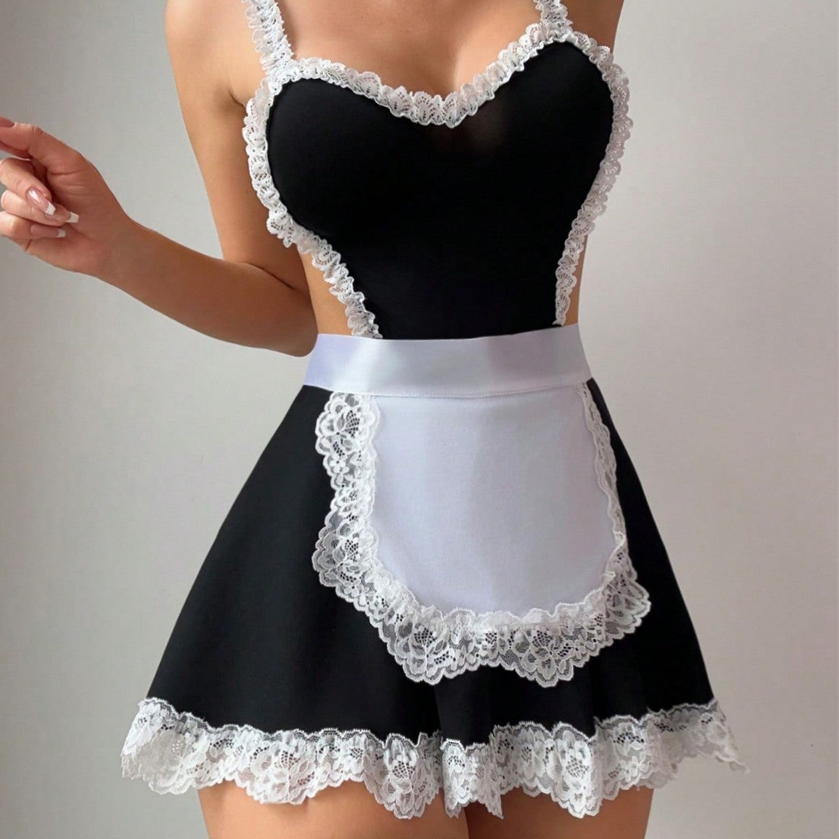 KKCAT Sexy Lace Maid Costume – Halter Cut-Out Tie-Back Lingerie Dress with Open Slit DZ179