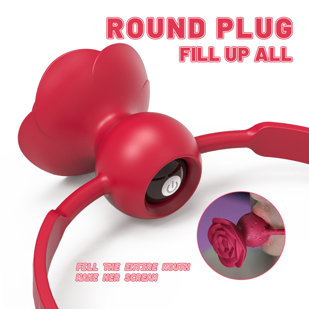 Magnetic Charging Rose Gag Ball – 9-Mode Vibrating Silicone Mouth Plug with Remote Control & Adjustable Strap
