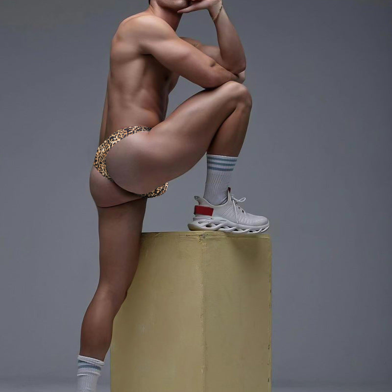 KKCAT Men’s Nylon Leopard T-Back Thong – Low-Rise U-Pouch Butt-Lifting Sexy T-Panties AD745