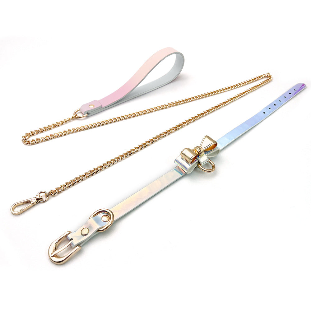 KKCAT Metal Bowknot Collar with Leash – PU Leather BDSM Choker for Adults