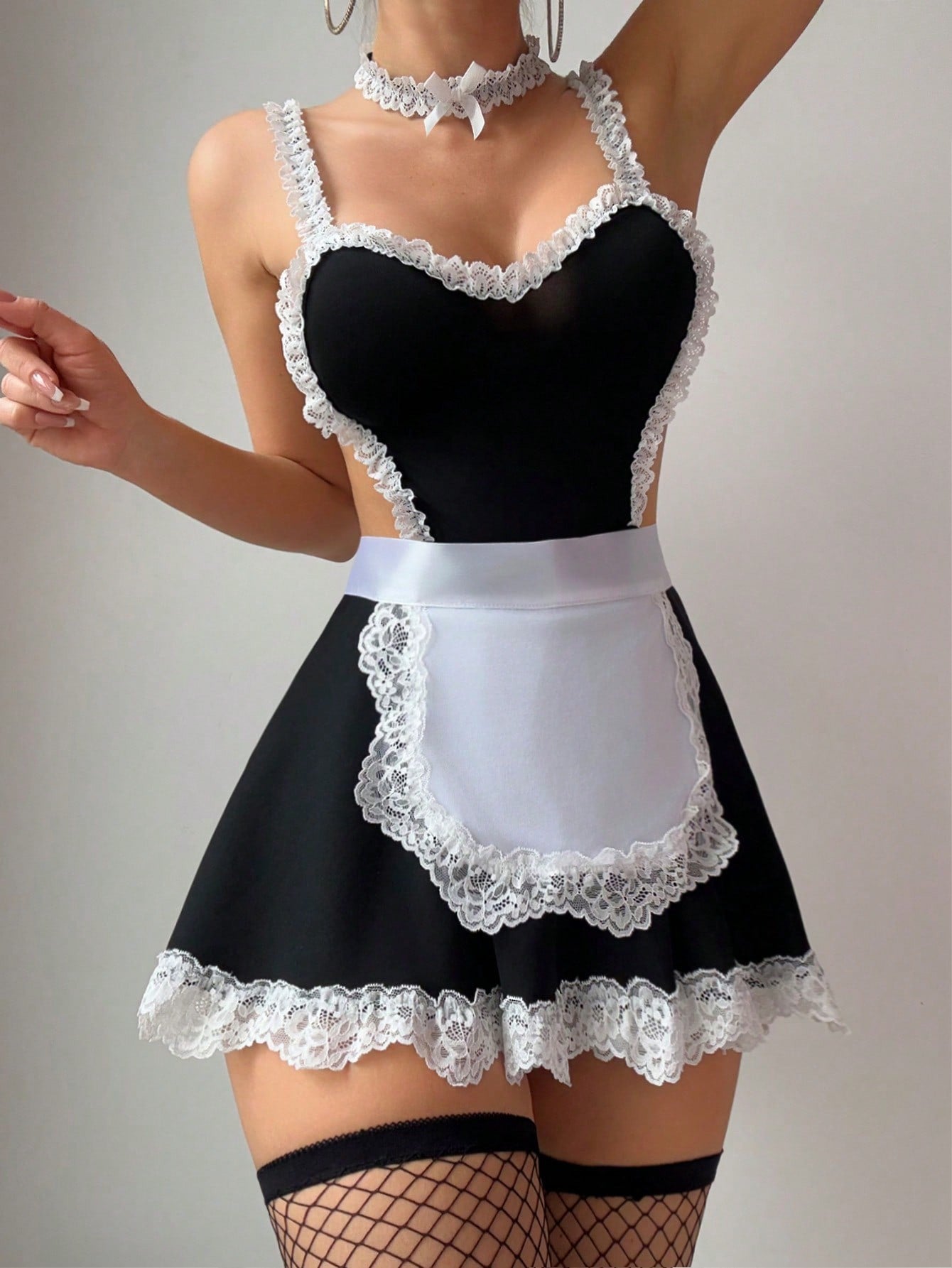 KKCAT Sexy Lace Maid Costume – Halter Cut-Out Tie-Back Lingerie Dress with Open Slit DZ179