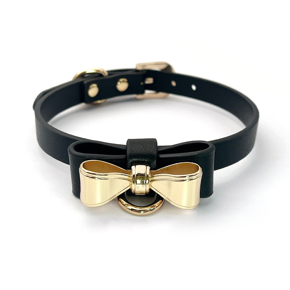 KKCAT Metal Bowknot Collar with Leash – PU Leather BDSM Choker for Adults