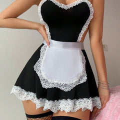 KKCAT Sexy Lace Maid Costume – Halter Cut-Out Tie-Back Lingerie Dress with Open Slit DZ179